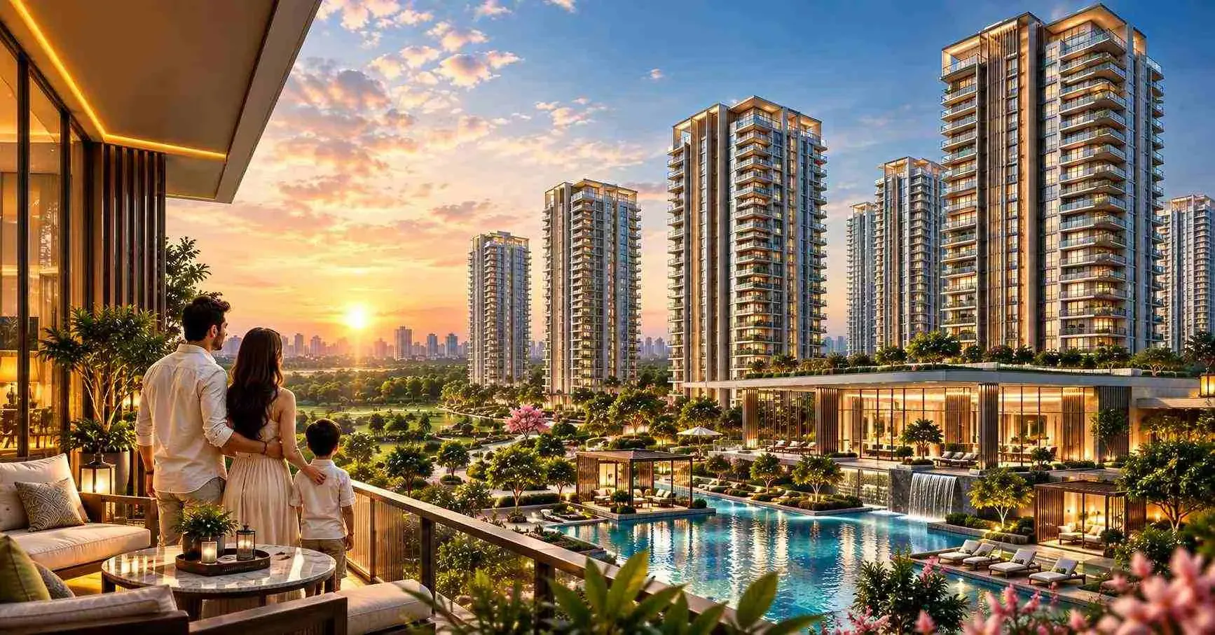 Illustrative residential towers and landscaped pool at sunset
