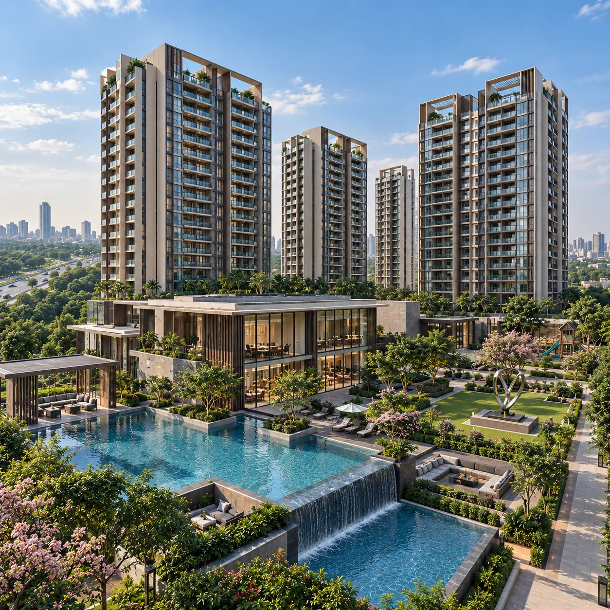 Illustrative residential architecture overlooking landscaped grounds