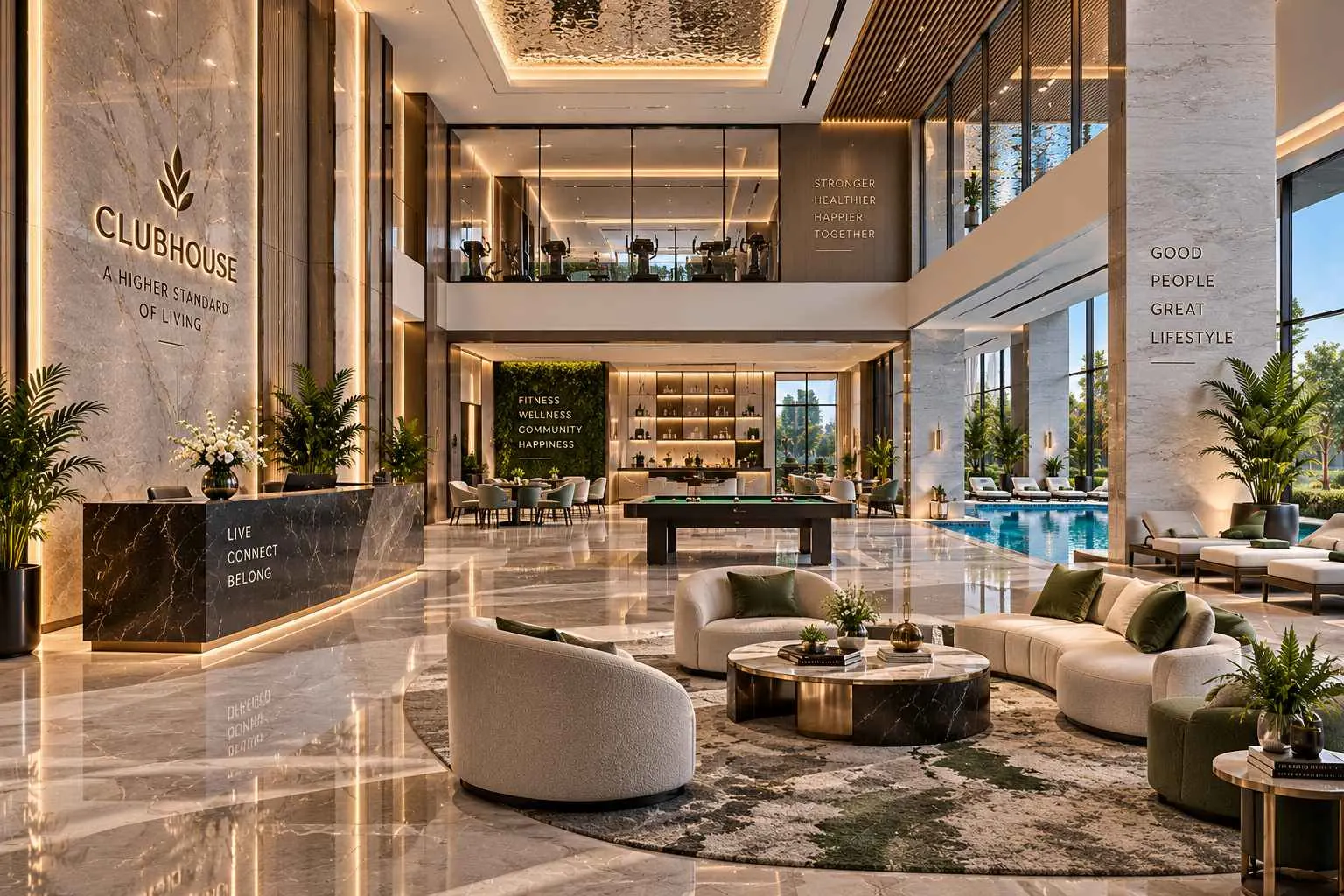 Illustrative clubhouse lounge with double-height interior