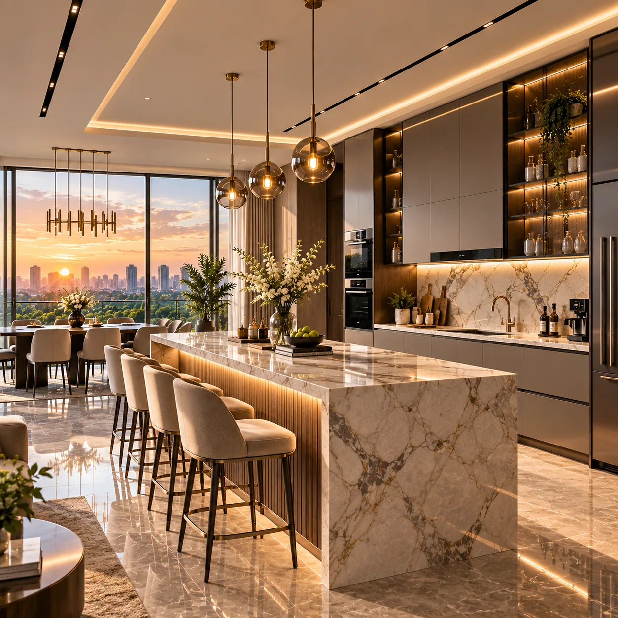 Illustrative kitchen island and dining interior