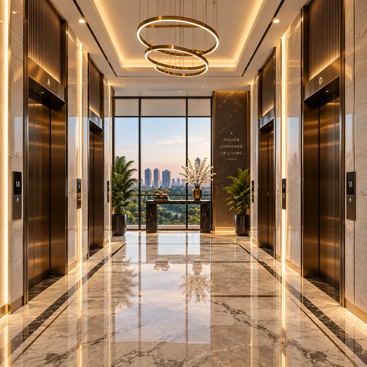 Illustrative interior lobby with stone finishes and warm lighting