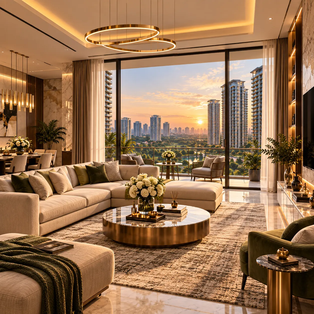 Illustrative living room with large windows and seating