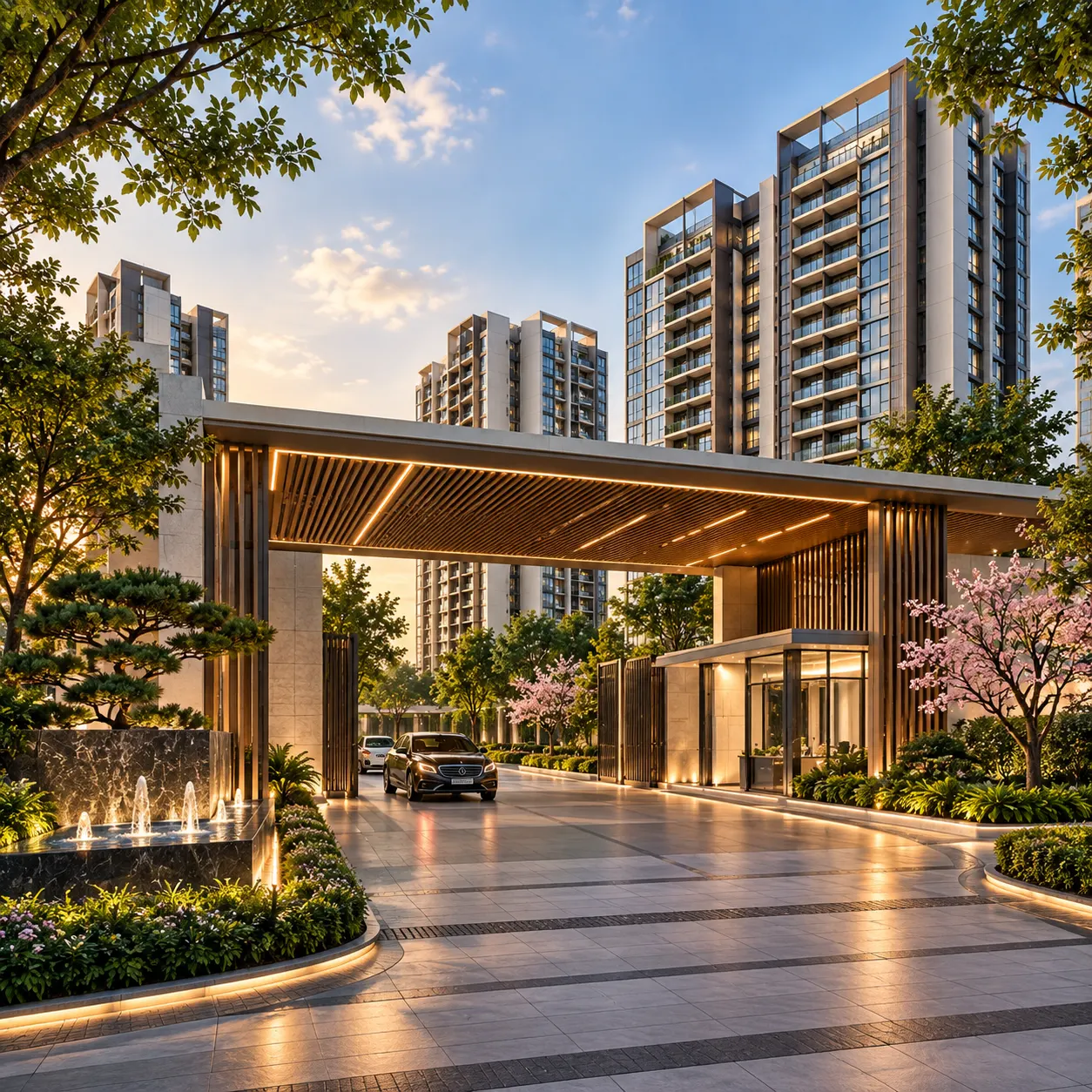 Illustrative residential entrance and landscaped driveway