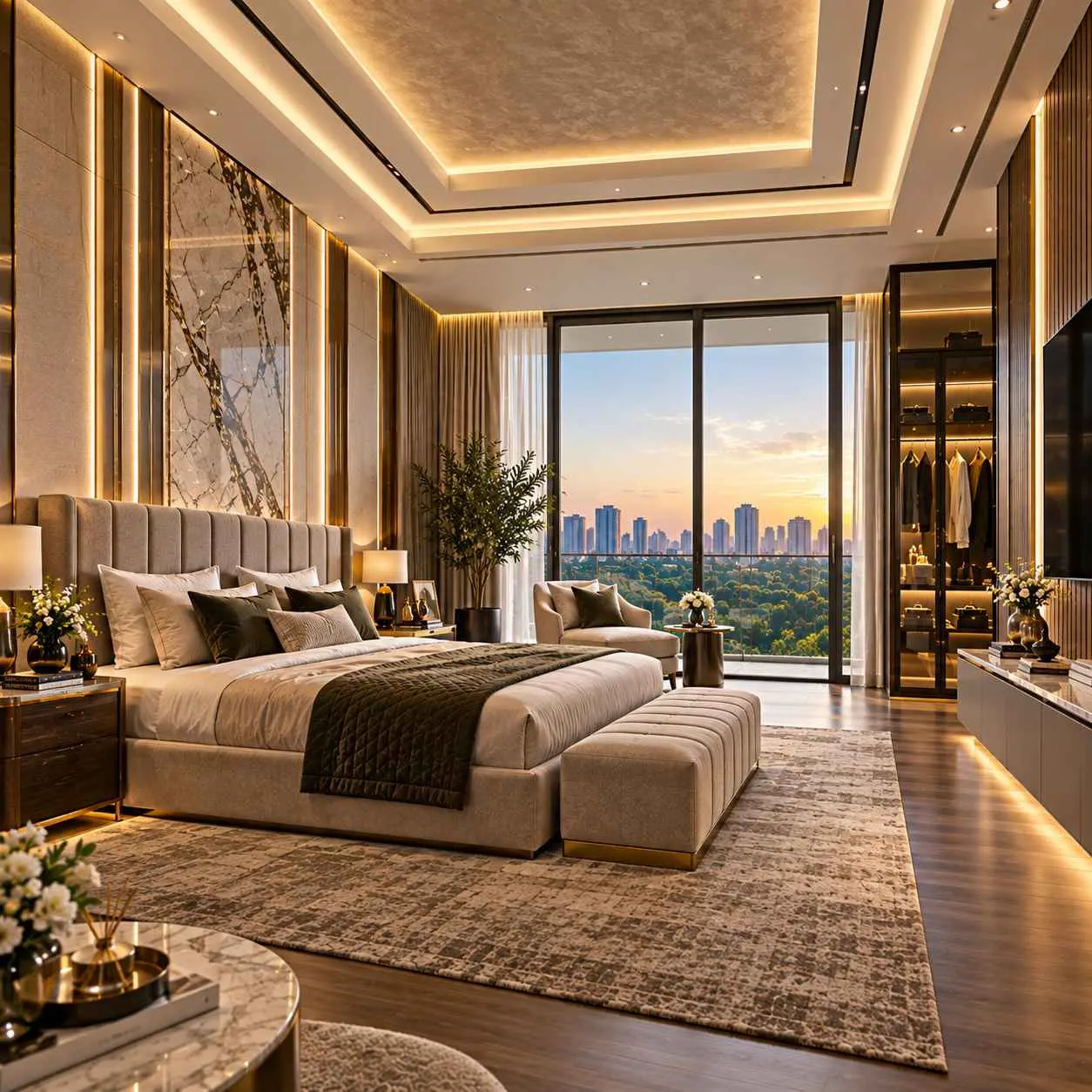 Illustrative bedroom with floor-to-ceiling windows